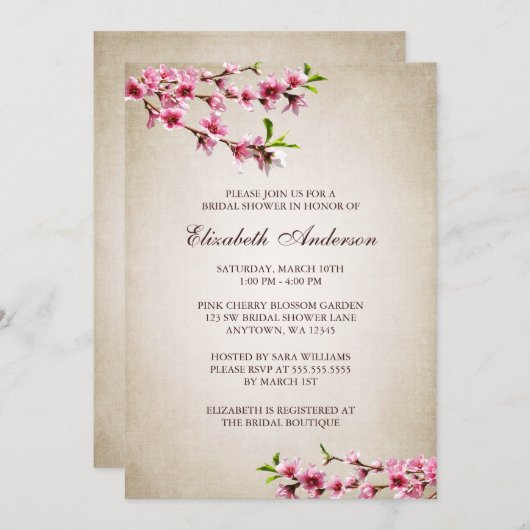 桜のヴィンテージのタンのピンクのブライダルシャワー 招待状 (正面/裏面)