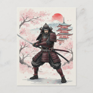 桜の下で日没の武士 ポストカード