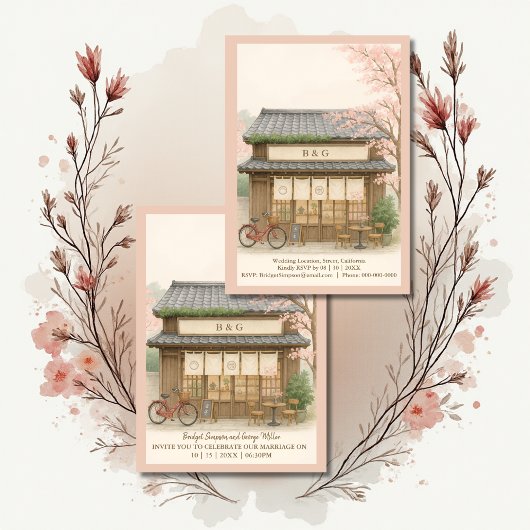 桜の伝統的な茶屋デスティネーションウェディング 招待状
