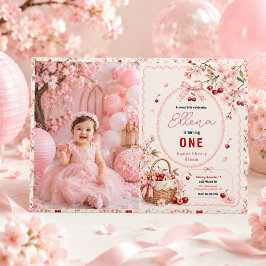 桜の可愛い1歳の誕生日お祝いガールズパーティー 招待状