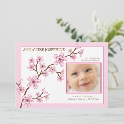 桜の女の子の誕生の発表: 明るいピンク 案内状 (スタンド正面)