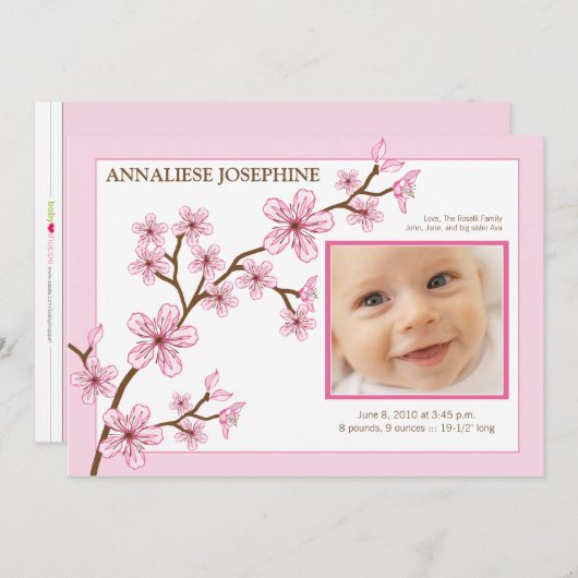 桜の女の子の誕生の発表: 明るいピンク 案内状 (正面/裏面)
