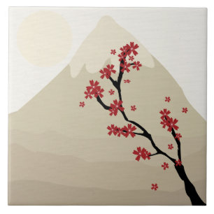 桜の富士山赤い日本のイラストレーション タイル