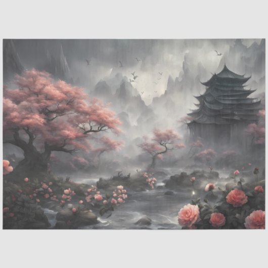 桜の寺院 - アジアンファンタジー風景 薄葉紙 (正面)