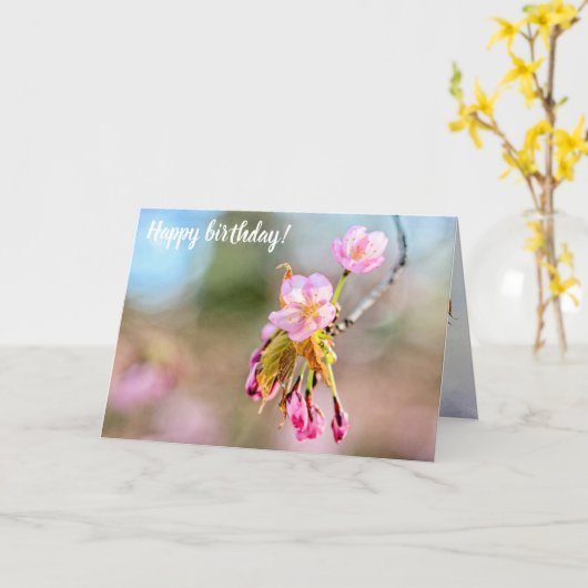 桜の小枝の先端に2本の春の花 カード (黄色い花)