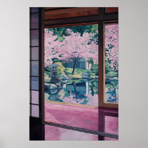 桜の庭 アートプリント 日本のお茶屋 ポスター