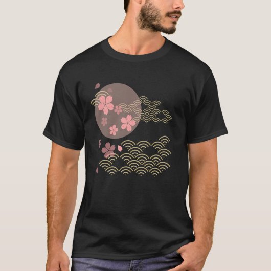 桜の庭 日本画 波 月 チェリー Tシャツ (正面)