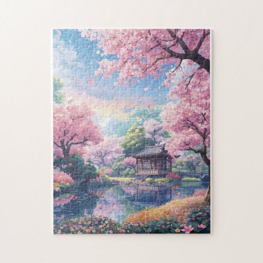 桜の日本庭園パズル - 桜蘭 ジグソーパズル (縦)