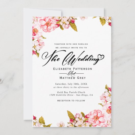 桜の春の水彩植物の花のウェディング 招待状 (正面)