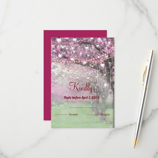 桜の春の結婚式RSVP 出欠カード (正面/裏面インサイチュ)