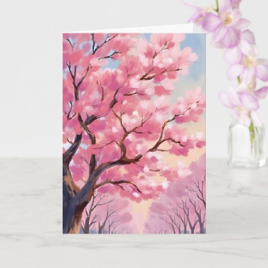 桜の木のピンクの花の絵 カード (蘭)