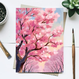 桜の木のピンクの花の絵 ポストカード