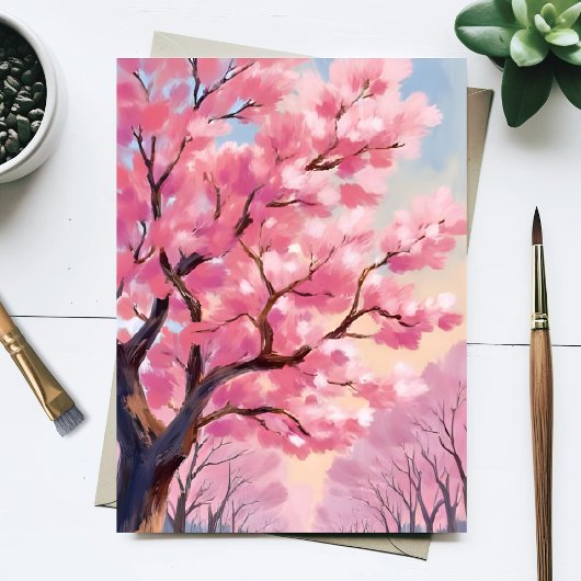 桜の木のピンクの花の絵 ポストカード