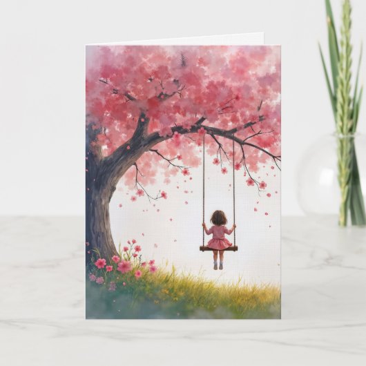 桜の木のブランコに乗る友達の小さな女の子 カード (正面)