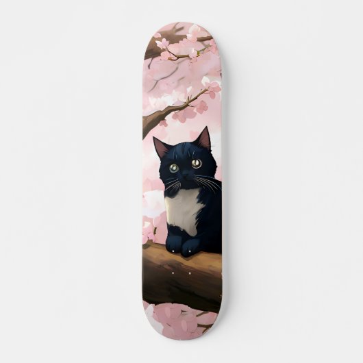 桜の木の上のかわいい猫 スケートボード (正面)