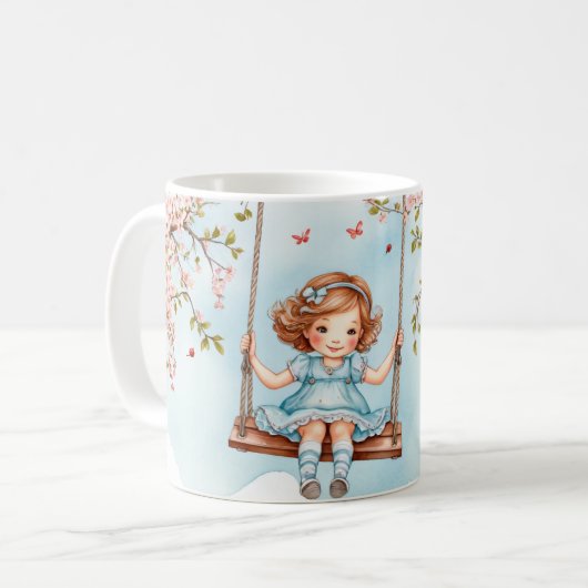 桜の木の下でブランコに乗る女の子 コーヒーマグカップ (正面左)
