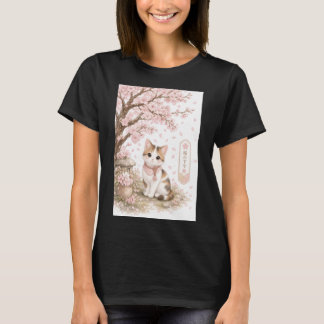 桜の木の下の三毛猫 Tシャツ