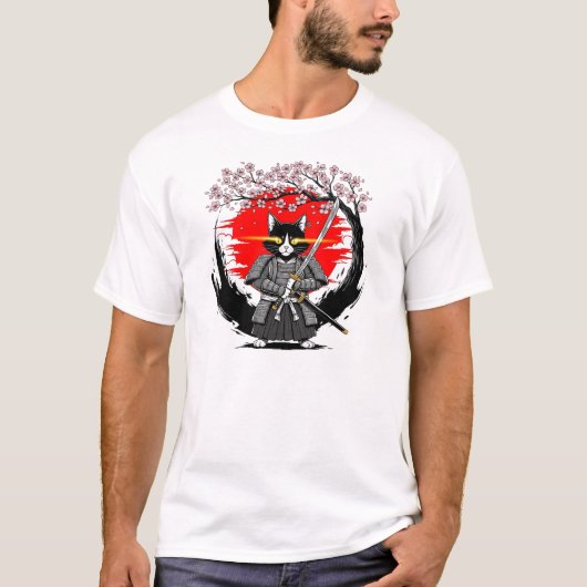 桜の木の下の侍猫戦士  Tシャツ (正面)