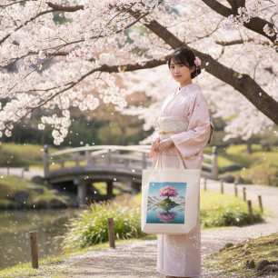 桜の木の山湖トートバッグ 日本の桜 トートバッグ