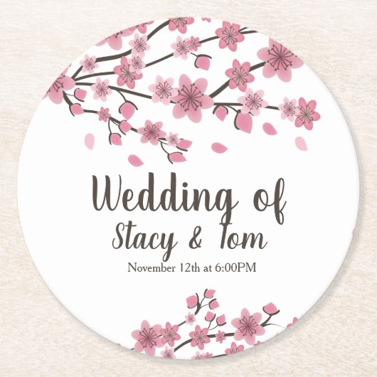 桜の木の花びら ピンクの結婚式 ラウンドペーパーコースター (正面)