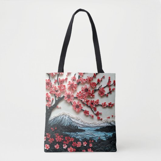桜の木 ペーパーアート、赤い花の木 トートバッグ (正面)