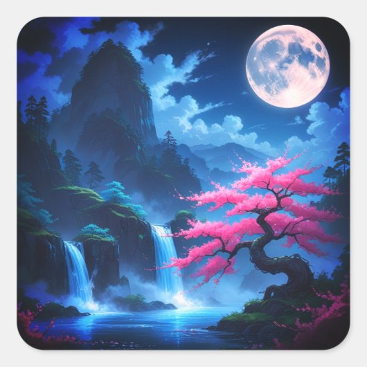 桜の木 - 月光の滝と桜の自然 スクエアシール (正面)