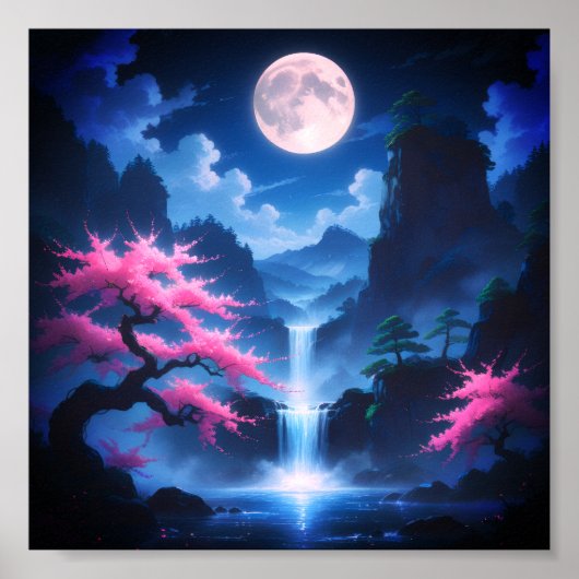 桜の木-月夜の滝とチェリーピンク ポスター (正面)