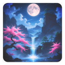 桜の木 -月夜の滝と桜の自然
