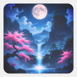 桜の木 -月夜の滝と桜の自然 スクエアシール