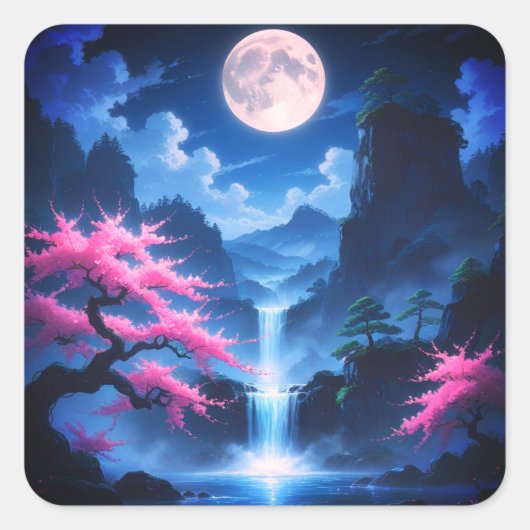 桜の木 -月夜の滝と桜の自然 スクエアシール (正面)
