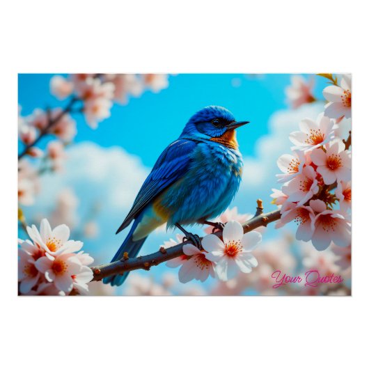 桜の枝に留まる青い鳥 ポスター (正面)