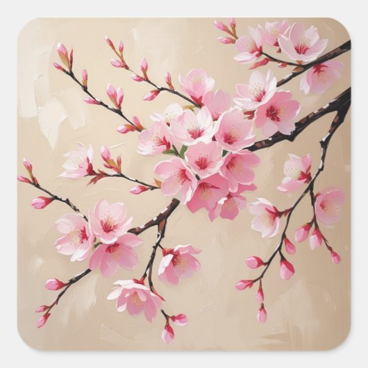 桜の枝の美術 – エレガントなピンクの桜 スクエアシール (正面)