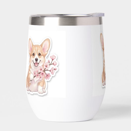 桜の枝を持つかわいいコーギー (左面)