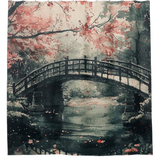 桜の橋の墨絵風景 (1) シャワーカーテン (正面)