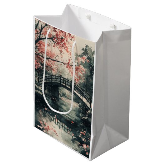 桜の橋の墨絵風景 (1) ミディアムペーパーバッグ (正面アングル)