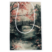 桜の橋の墨絵風景 (1) ミディアムペーパーバッグ (正面)