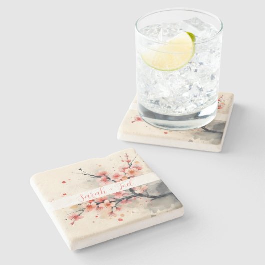 桜の水彩ピンク ウェディング ストーンコースター (横)