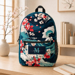 桜の波ネイビーモノグラムネームバックパック プリントバックパック