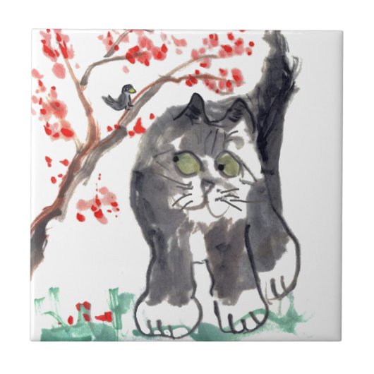 桜の猫および鳥 タイル (正面)