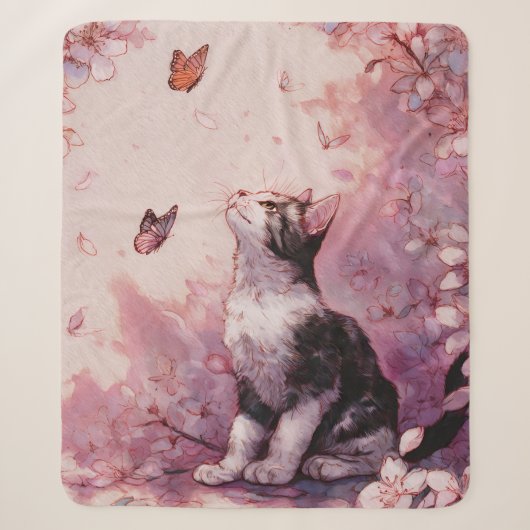 桜の猫と蝶々（２） シェルパブランケット (正面)