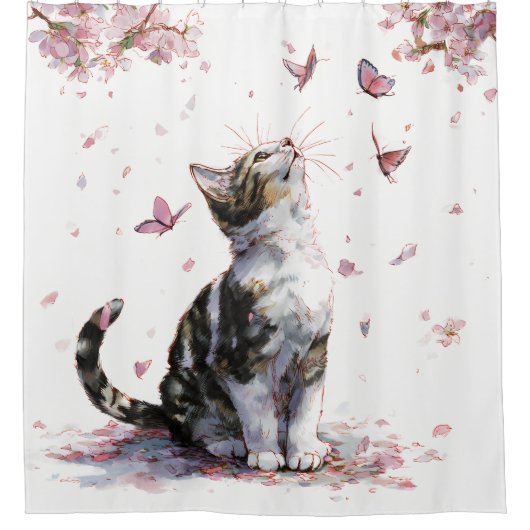 桜の猫と蝶 (10) シャワーカーテン (正面)