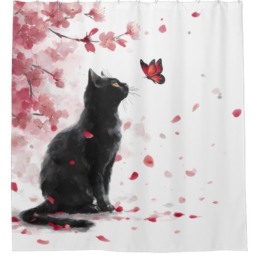 桜の猫と蝶 (14) シャワーカーテン (正面)