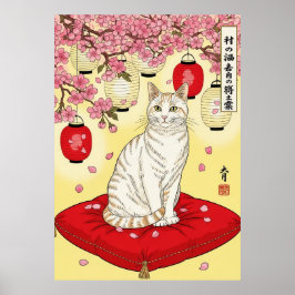 桜の猫アート 赤い灯籠のクッション ポスター