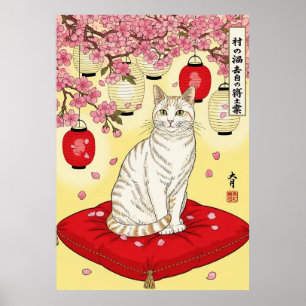 桜の猫アート 赤い灯籠のクッション ポスター
