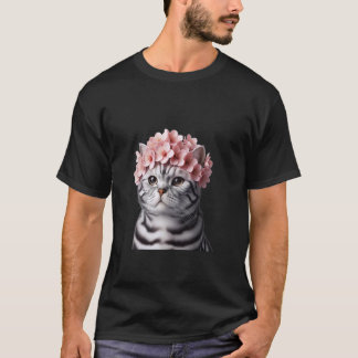 桜の王冠をかぶったアメリカンショートヘア - かわいい日本 Tシャツ