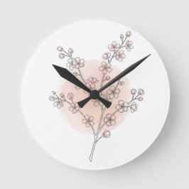 桜の線画 ピンク ピーチ 水彩画 ラウンド壁時計
