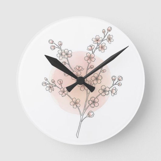 桜の線画 ピンク ピーチ 水彩画 ラウンド壁時計 (正面)