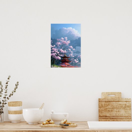 桜の聖域:木造の寺院 ポスター (キッチン)