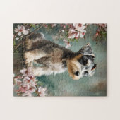 桜の花とシュナウザーの子犬 ジグソーパズル (横)