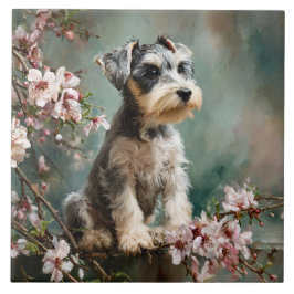 桜の花とシュナウザーの子犬 タイル